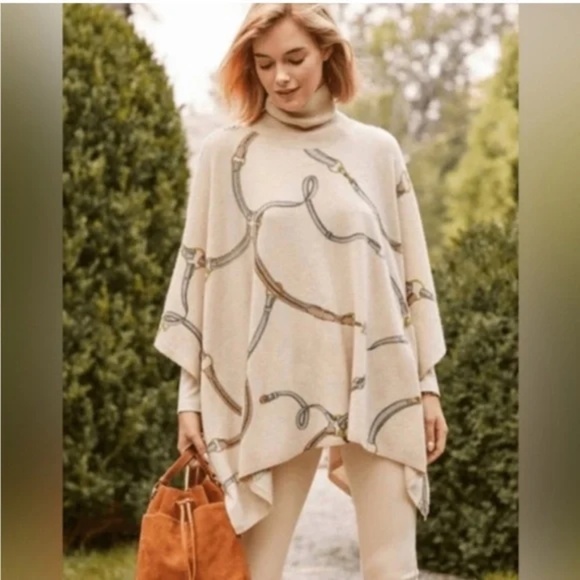 J. McLaughlin Beige Equestrian Chain Print Cashmere Turtleneck Poncho Sweater - Picture 1 of 8